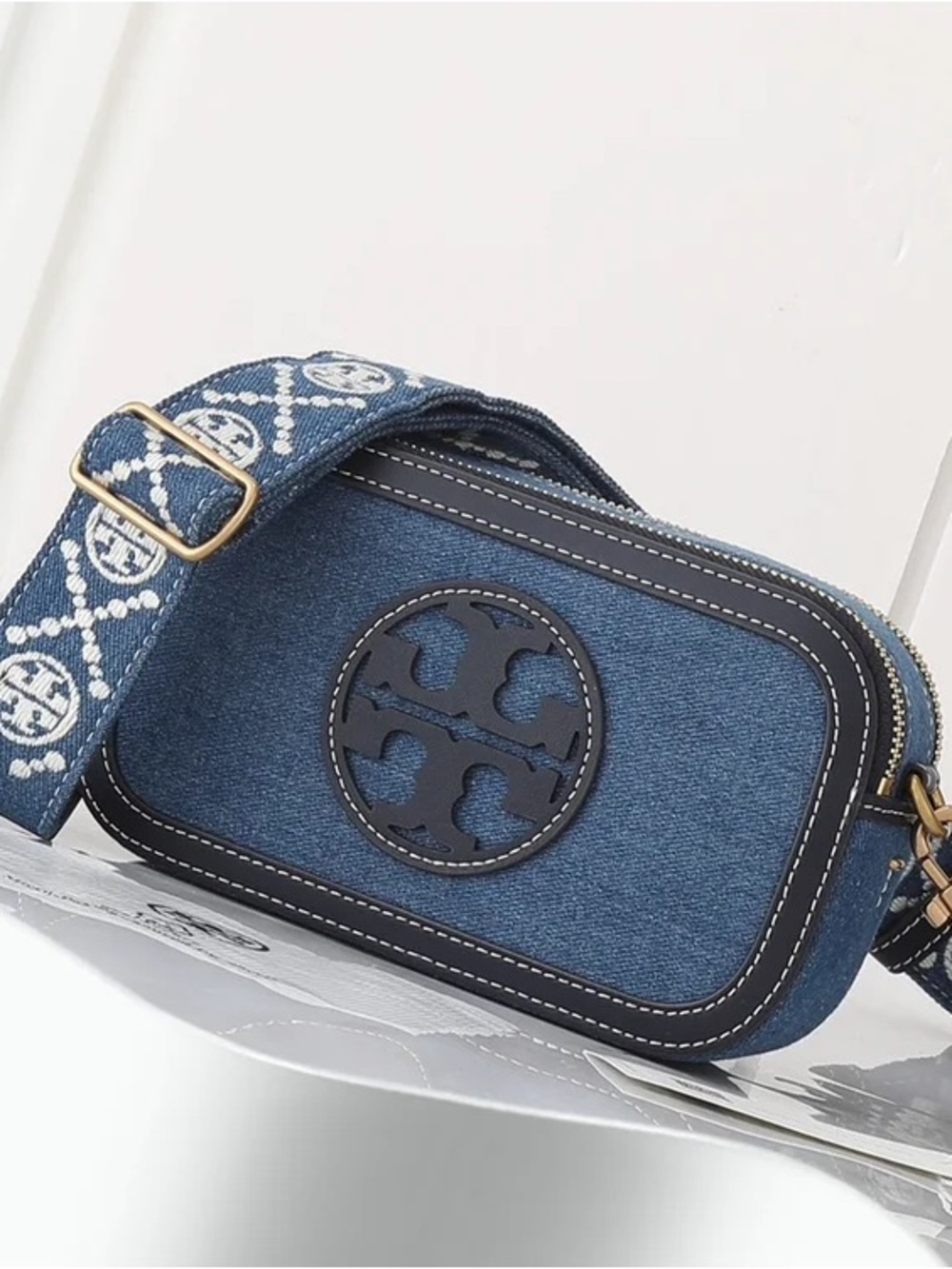 Tory Burch Denim Blue Logo Crossbody Camera Bag with Patterned Strap
